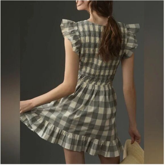 Anthropologie Peregrine Mini Dress. Size Small Grey Plaid Cottagecore Like NEW - Picture 3 of 10